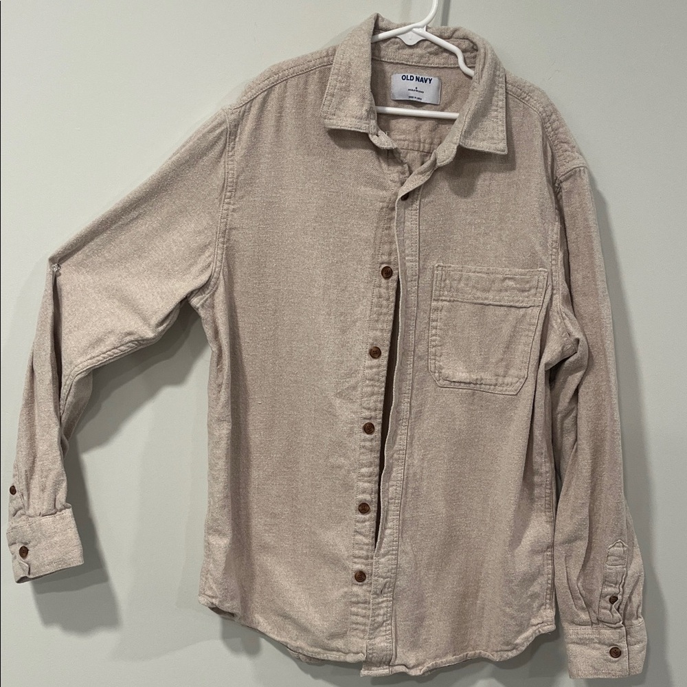 Old Navy Men Boys Long-Sleeve Beige Button-Up Shirt